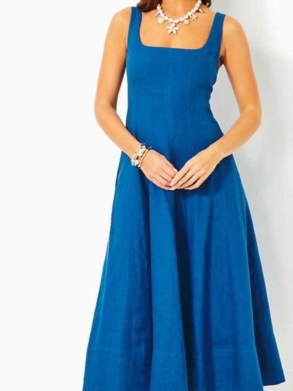 Lilly Pulitzer Calina Linen Sleeveless Square-Neck Blue Midi Dress- Size 8